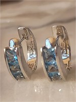 Sterling Silver Hoop Earrings with Blue Stones