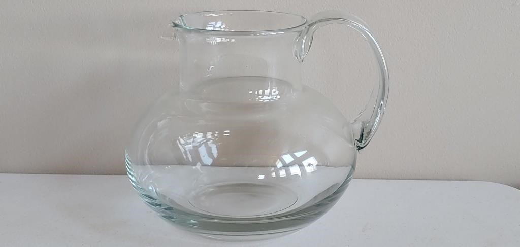 Vintage round glass water pitcher, 8" W x 7.5" T,