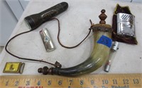 Powder horn, old flashlight, misc.