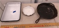 Lodge cast iron skillet and 2 porcelain pans