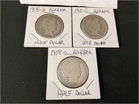 1908-O, 1911-S and 1915-D Barber Half Dollars