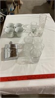 Decorative china cups, flask, decorative glass