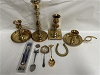 Brass candleholders and trinkets