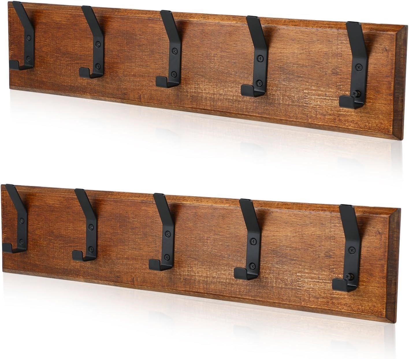 2 Pack Rustic Wood Coat/Towel Rack with 5 Hooks