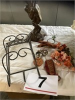Towel rack, wind chimes, statue, leather pouch etc