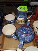 BLUE CHRISTMAS SCENE PITCHER CUPS TEA KETTLE