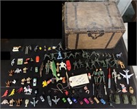 old toy chest & 90 small toys playsets etc