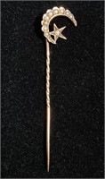10K GOLD & SEED PEARL STAR & CRESCENT STICK PIN
