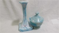 blue slag candlestick & 5" covered jar