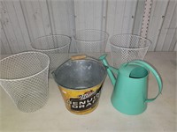 waste baskets, watering can and metal Miller