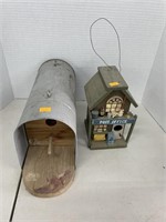 Wooden post office birdhouse and mailbox