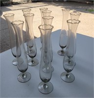 Etched glass bud vases 11ct. One is chipped on