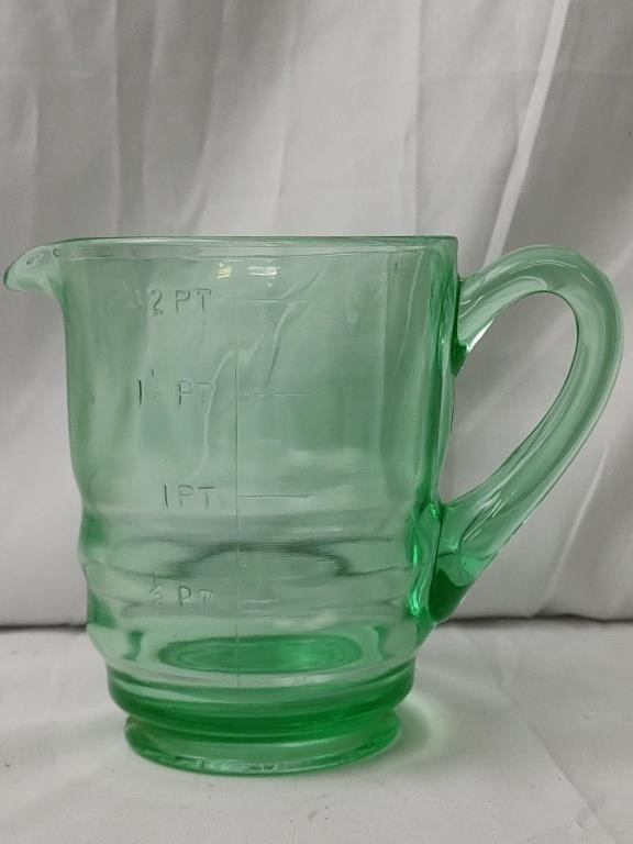 Green depression glass measuring cup pitcher