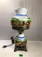 Vintage Hand Painted Hurricane Lamp w/ Milk Glass