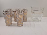 Pitcher and 8 gold accent glasses