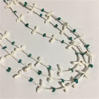 Turquoise And Shell Beaded Necklace, Bird Carvings