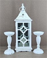 3pc Shabby Chic Lantern & Candlesticks