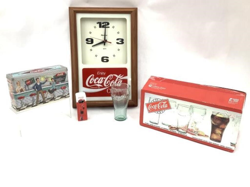 Coca Cola Clock, Tin, Glass Set & Salt Shaker