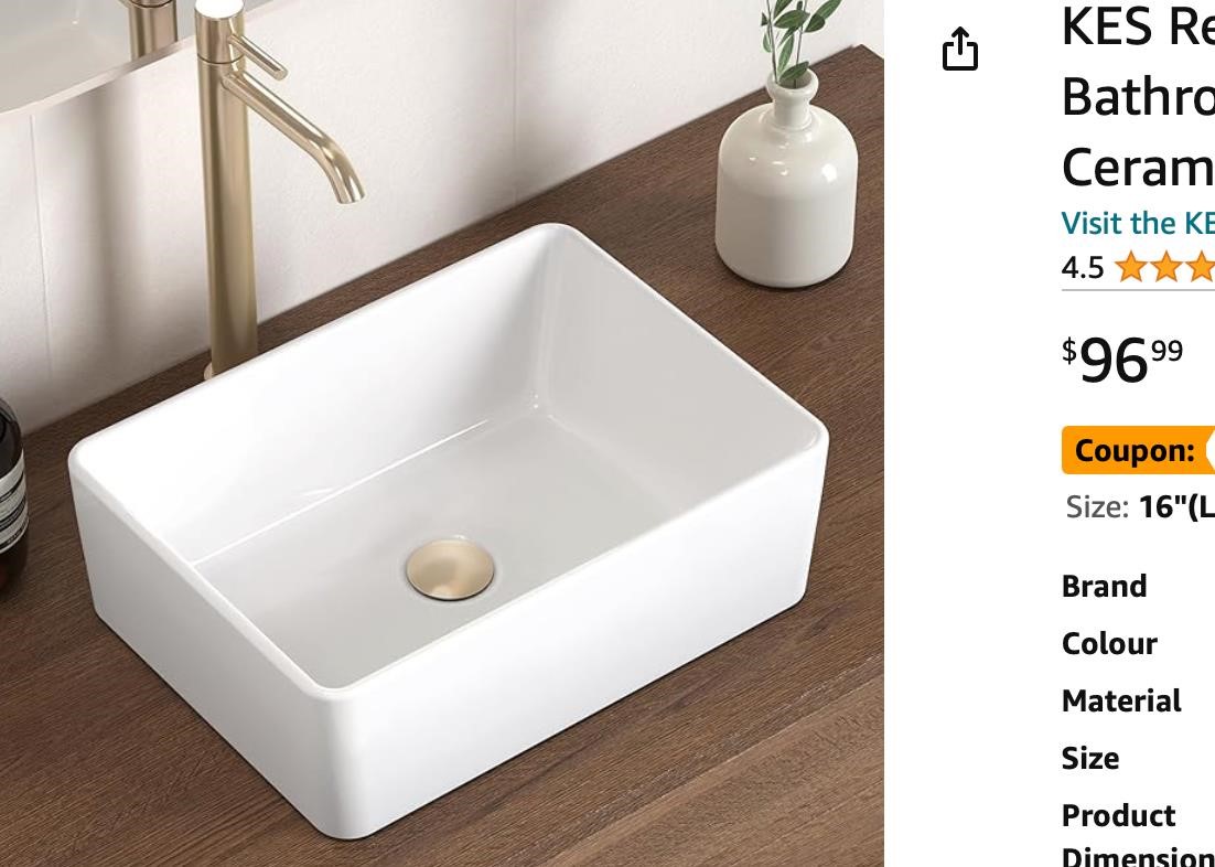 KES Rectangle Vessel Sink 16"X12" White