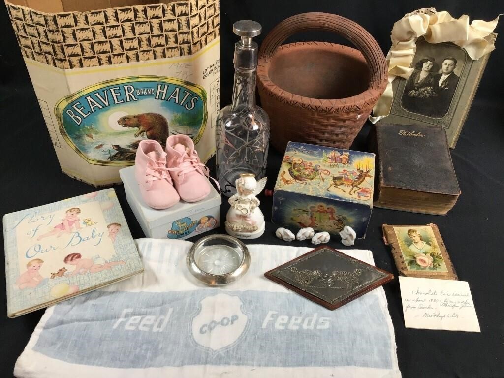 vintage hat box, baby shoes, sterling coaster,etc