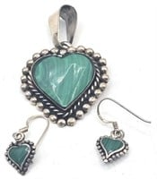 Sterling Heart Pendant & Earrings with Green