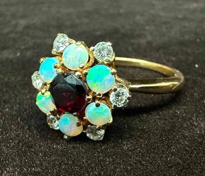 14k Gold Ring With Diamonds, Opals, Garnet