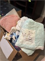 Box of Baby blankets, clothes, Decor