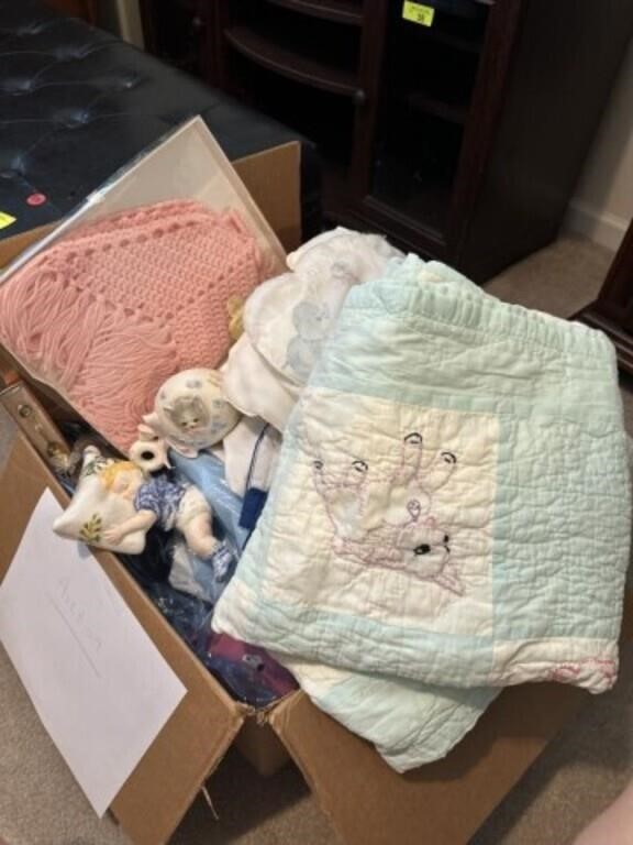 Box of Baby blankets, clothes, Decor