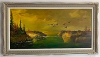 Large Unsigned Mallards in Flight Oil on Canvas