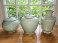 Celedon vase and ginger jars