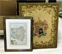 Irish Framed Map and Armorial Needlepoint.