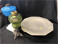 Unsigned Pottery Plate & 2 Fluid Lamps