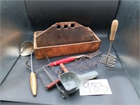 Primitive Wod Caddie and Vintage Kitchen Utensils