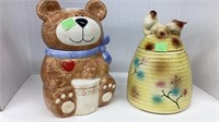 Cookie jars: teddy bar and kitten on bee hive.