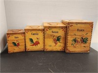 Vintage 4 Japan Wooden Canisters with Roosters