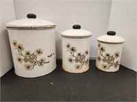 Vintage Metal Kitchen Canisters with Pine Cone
