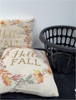 Two hello fall throw pillows with black laundry