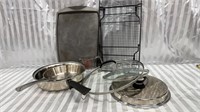 Miscellaneous Kitchen Lot. Aluminum Pans, Glass