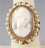 Lot # 4076 - 14k Gold Cameo & pearls ring