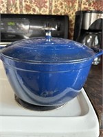 BLUE LINED CAST IRON STEW POT, USED, HEAVY