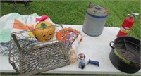 Gas can, Halloween items, crate, quilts