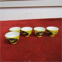 (5)Old saki cups. Green, brown, yellow.