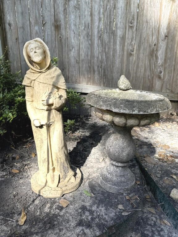 Concrete Bird Bath and St. Fiacre Statue