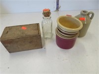 Small crock pieces, honey bottle and wooden box