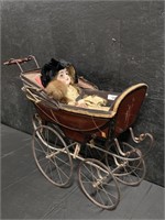 Victorian Baby Carriage w/ Bisque Doll.
