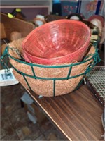 Two hanging wicker baskets & 2 smaller baskets