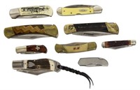 (9) POCKET KNIVES, CASE, KABAR, RUSSELL, OTHERS
