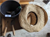 (2) Straw Hats, Garden tools, Plastic Flower Pot