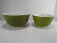 TWO PYREX GREEN MIXING BOWL - LARGEST 8.5" DIAM.