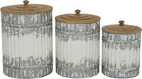 Set of 3 White Metal Canisters  Wood Lid 9-12